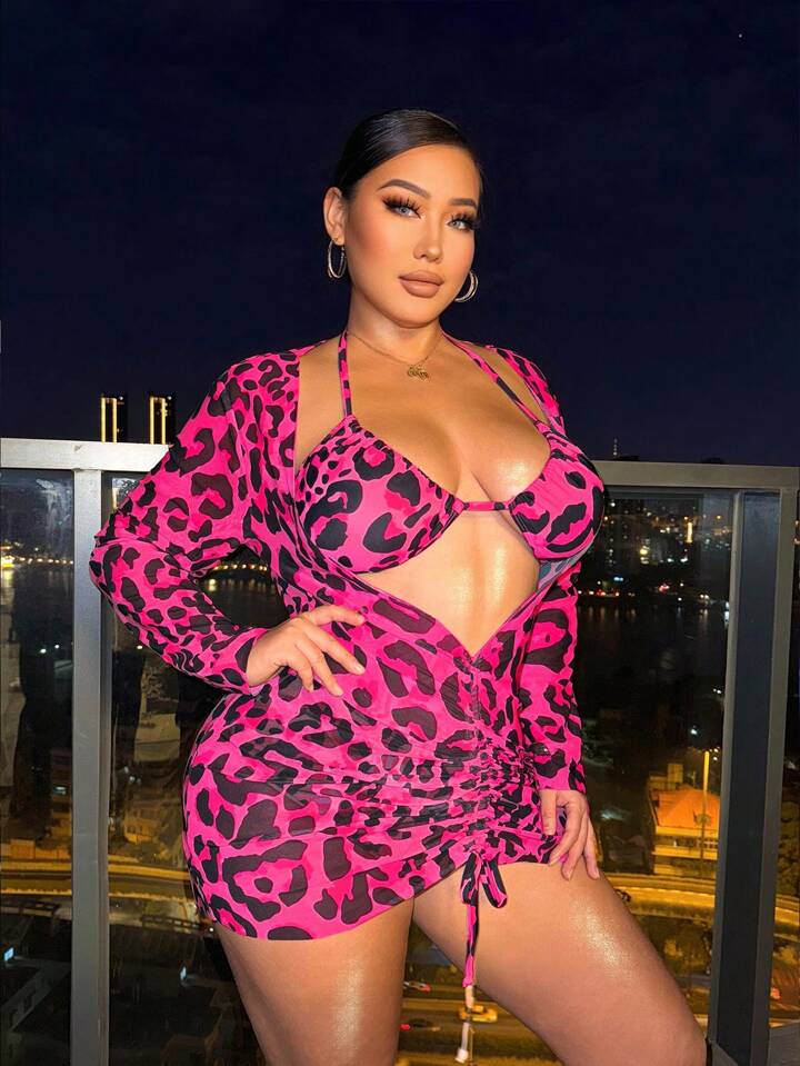 Plus Size Leopard Print 3-Piece Bikini Set