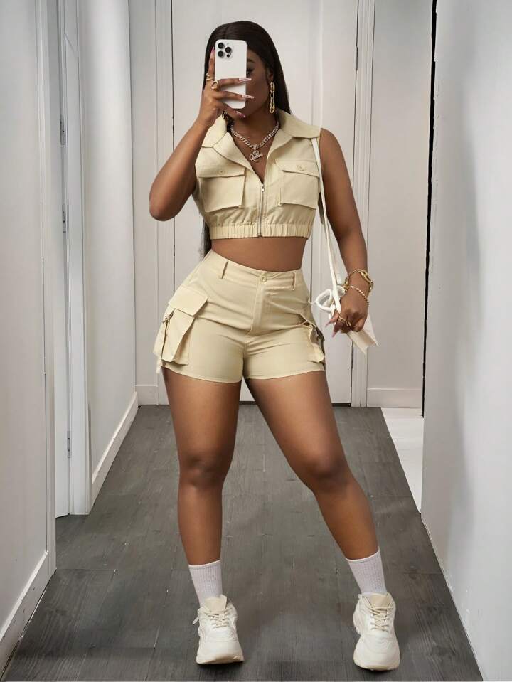 Sleeveless Lapel Top With Pocket Design And Shorts