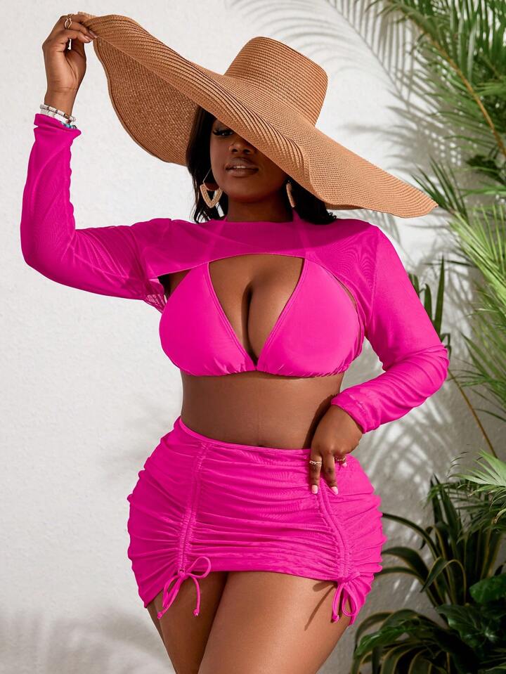 Plus Size Women Fashion Solid Color Bikini Set