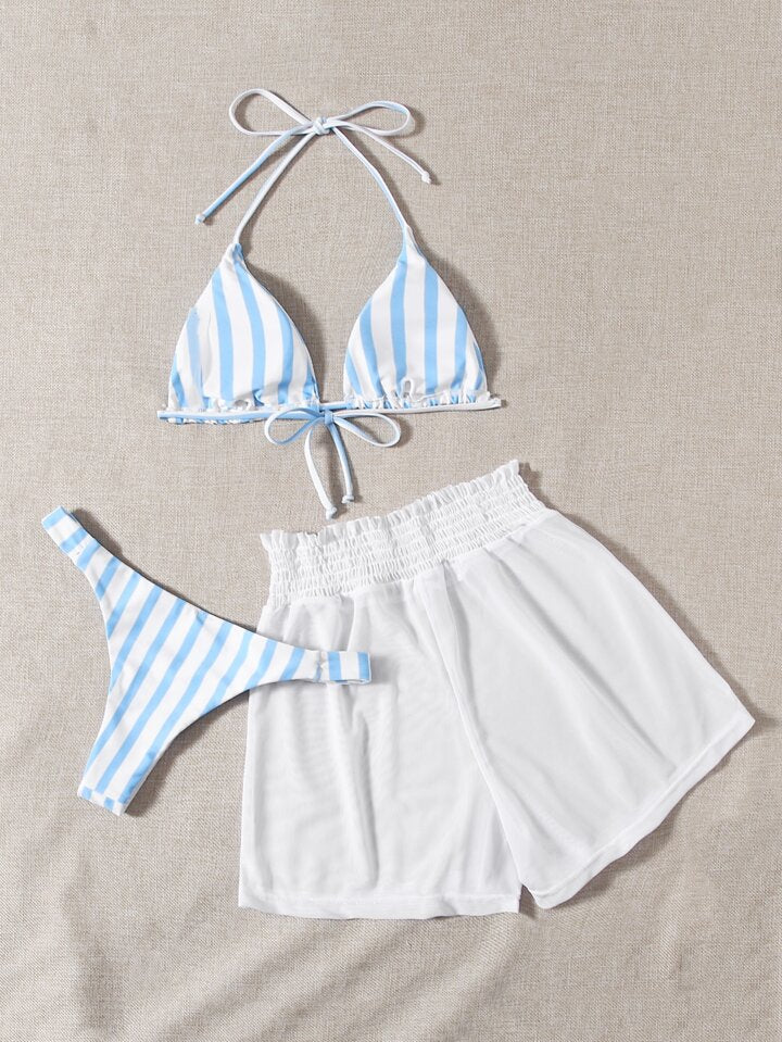 Striped Triangle Bikini Set & Mesh Shorts