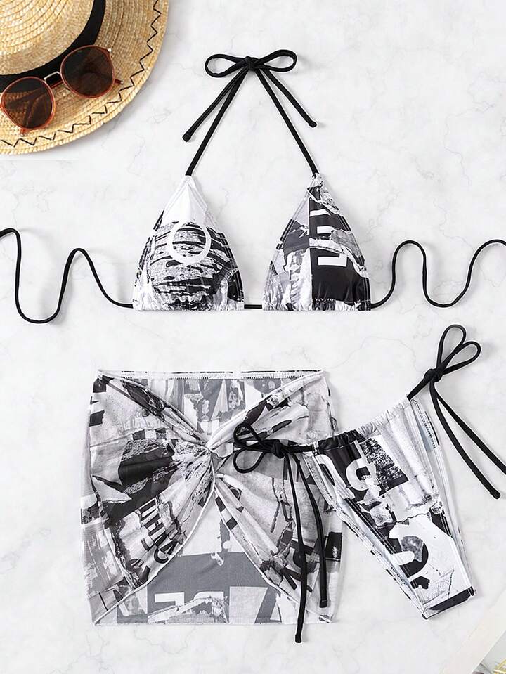Letter Printed Three-Piece Triangle Separated Bikini Set