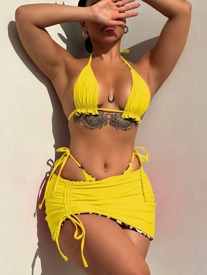 2-In-1 Reversible Leopard Print 3pcs Bikini