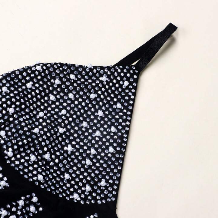 Beading Hot Drilling Spaghetti Strap Mini Dress Elegant Rhinestone Sparkly Backless Sling Sheer Mesh Bodycon