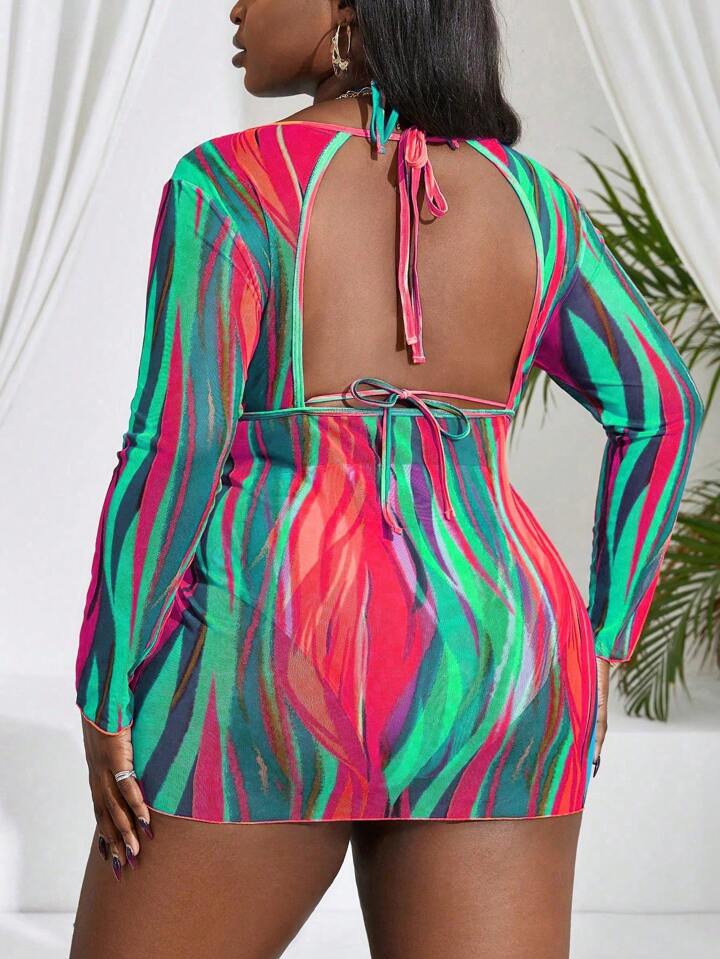 Plus Size Women 3pcs/Set Random Floral Print Halter High Waisted Bikini Set With Chiffon Long Sleeve Cover Up Beach Dress