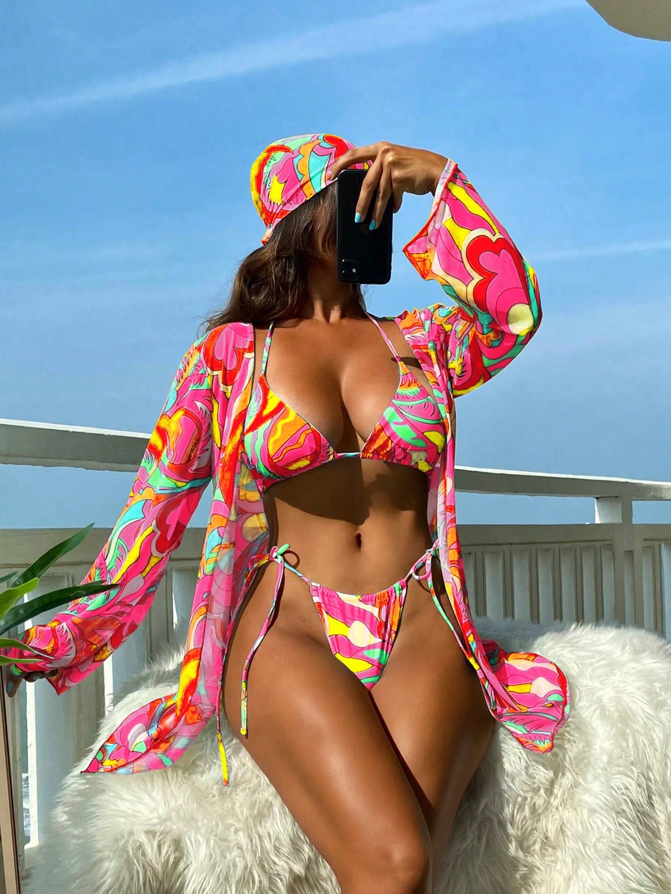 Allover Print Halter Triangle Bikini Swimsuit With Kimono