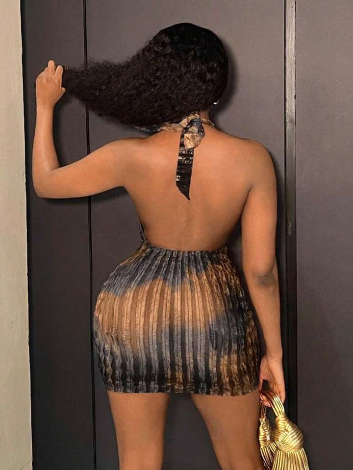 Halter Backless Sheer Bust Mini Dress