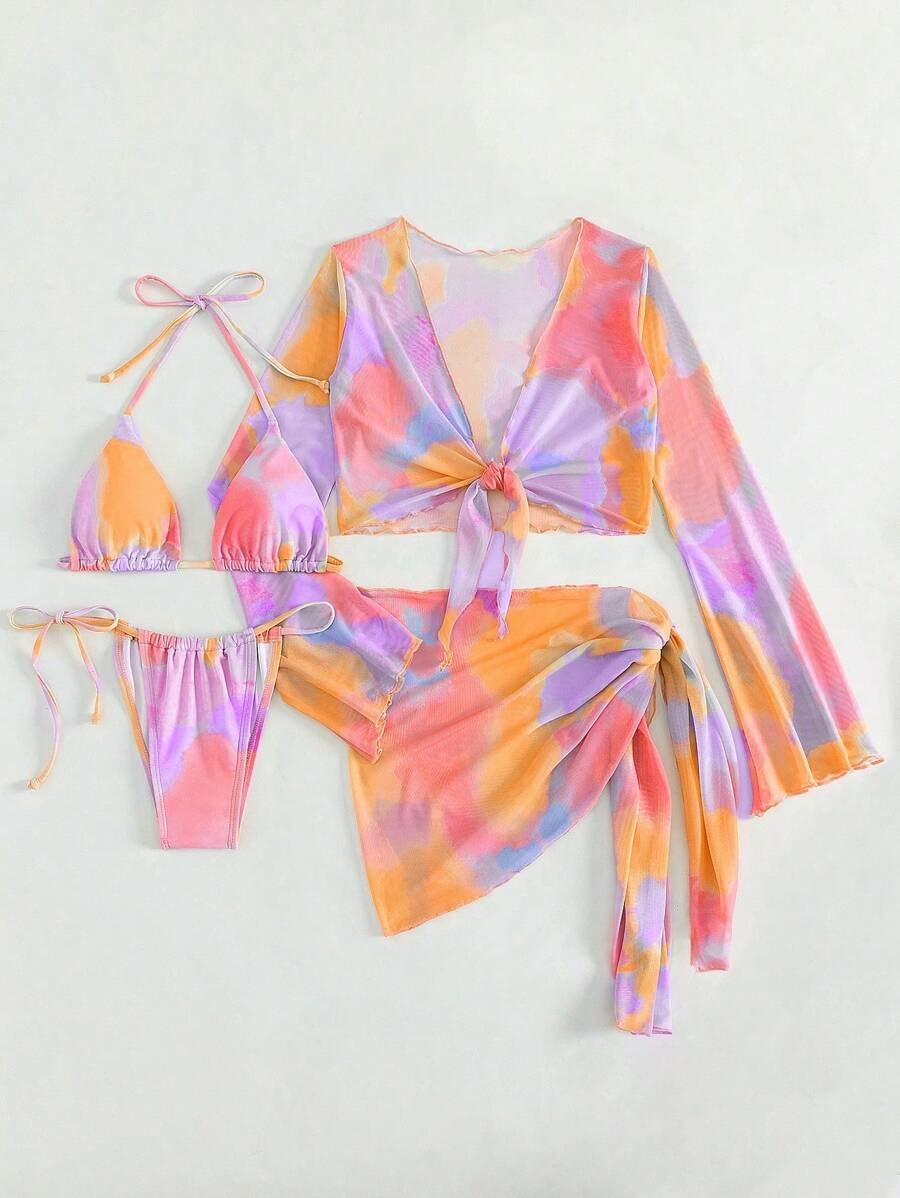 Tie Dye Bikini Set Halter Triangle Bra & Thong Bottom & Cover Up Top & Skirt 4 Piece Bathing Suit