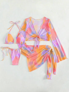 Tie Dye Bikini Set Halter Triangle Bra & Thong Bottom & Cover Up Top & Skirt 4 Piece Bathing Suit