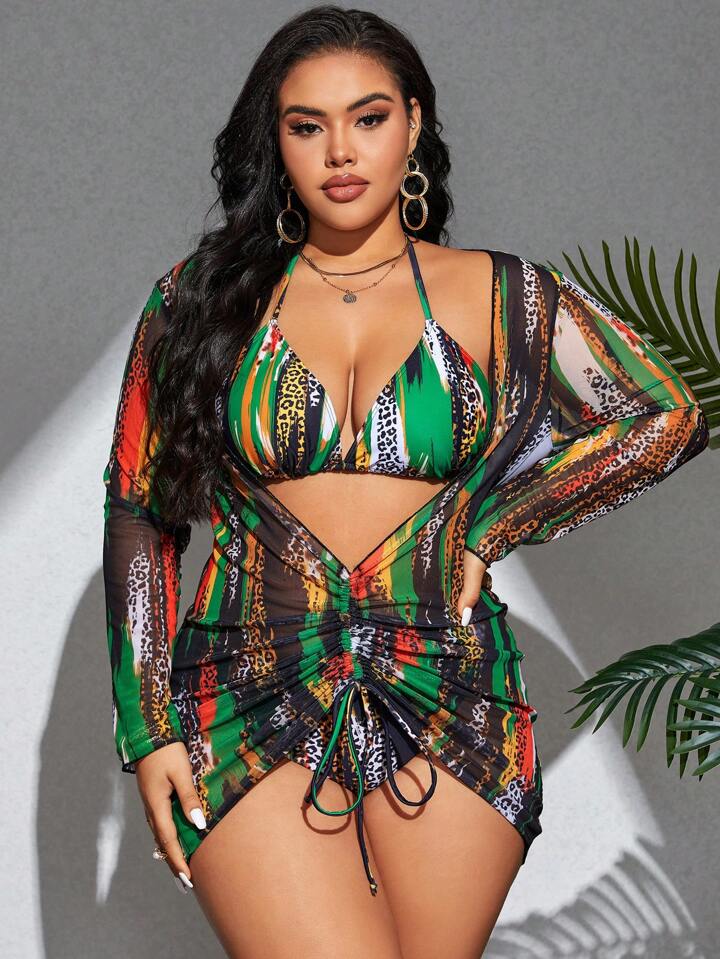 Plus Size Colorblocking Leopard Print 3pcs Swimwear, Beach Outfit Tankini Set Bathing Suit
