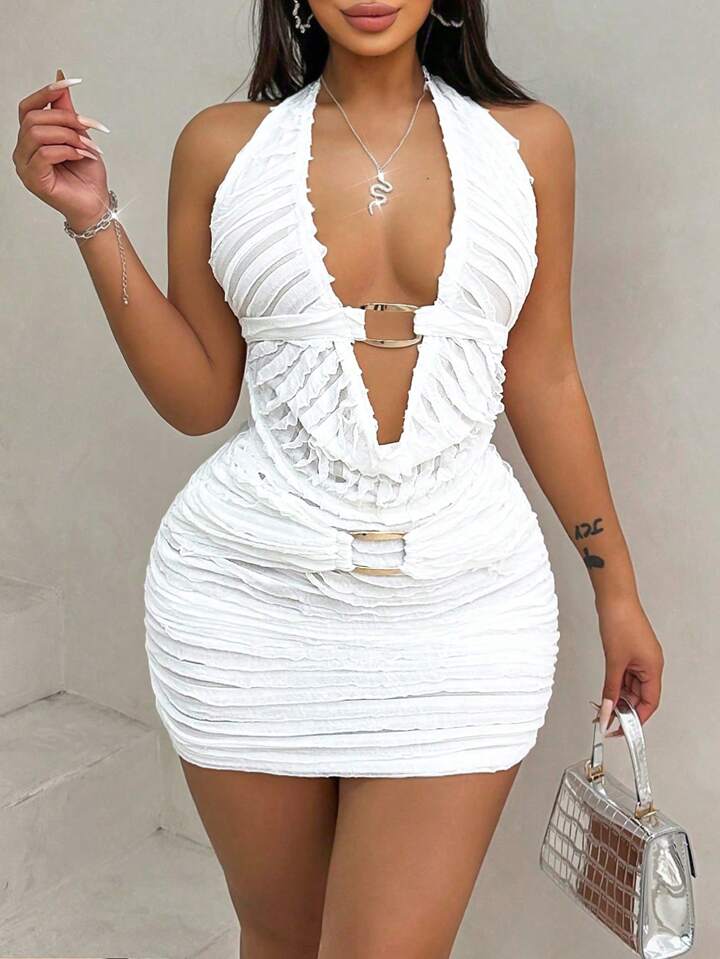 Halter Neck Hollow Out Backless Crop Top & Skirt Set