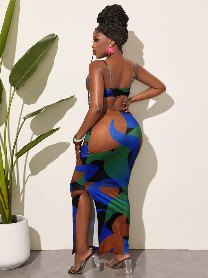 Elegant Color Block Printed Sleeveless Bodycon Dress With Hollow Out Waist And Side Slit