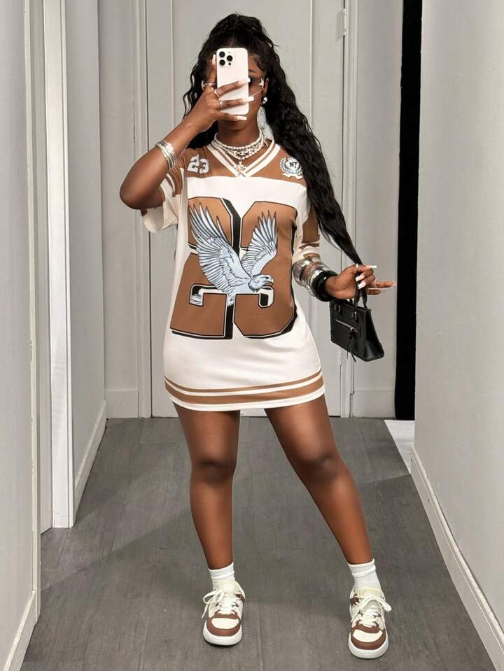 V-Neck Off-Shoulder Short Sleeve 23 Digital Eagle Pattern Brown And Apricot Stripes Retro Pattern Full Body Printing Loose Knitted Fabric Ladies Mini Dress