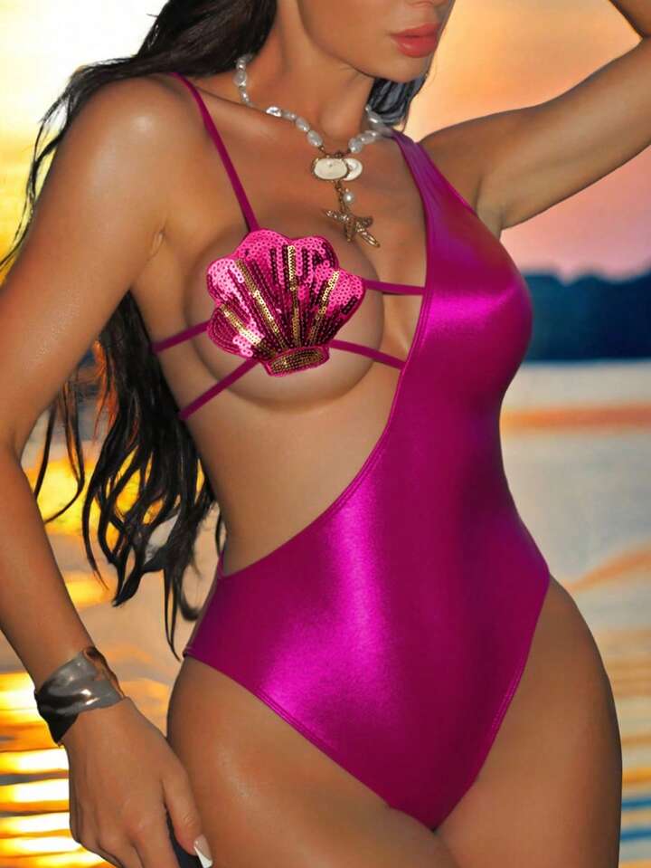 Metallic Foil Material Spaghetti Strap Backless Sequin Shell One-Piece Swimwear
