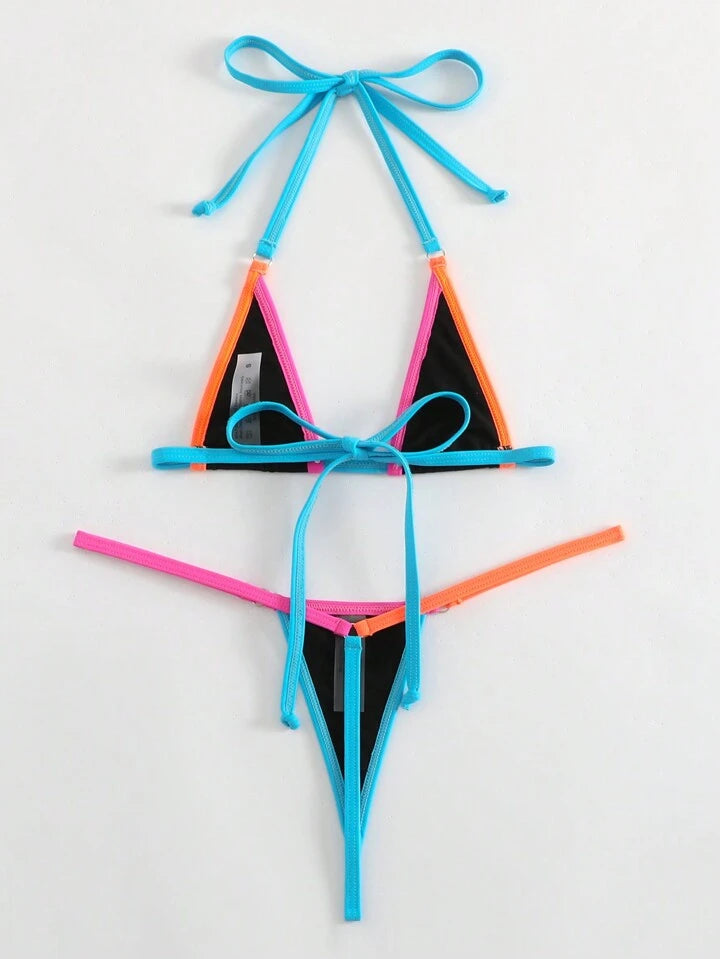 Color Block Halter Neck Bikini Set, Micro Bikini Set
