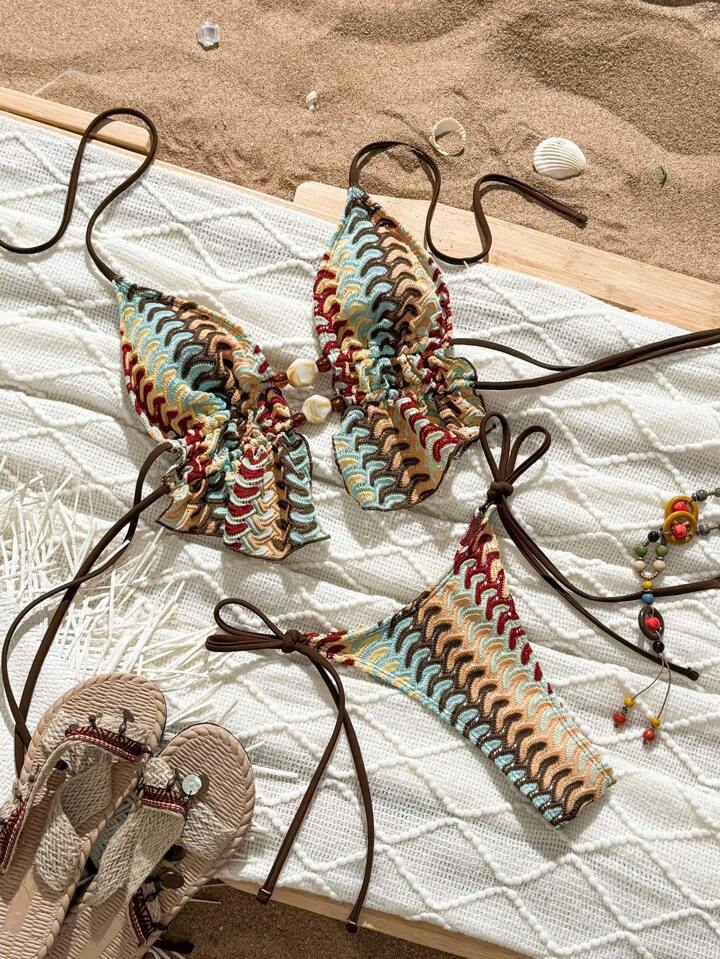 Cute Stone Bead Decor Bohemian Print Halter Tie Bikini