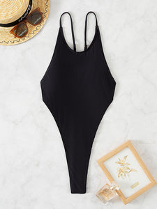 Solid Backless High Leg One Piece Swimsuit