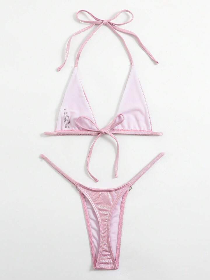 Metallic Bikini Set Micro Triangle Bra & O-Ring Linked Thong 2 Pieces Bikini
