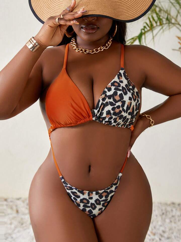 Plus Size Women Spaghetti Strap Drawstring Swimsuit