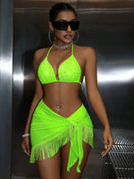 Load image into Gallery viewer, Rhinestone Decor Halter Neck Sexy Fashion Neon Bikini Set &amp; Cover-Up Skirt
