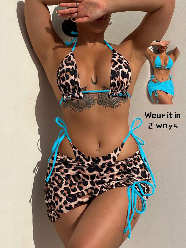 Reversible Leopard Print Bikini Swimsuit, 3-Piece
