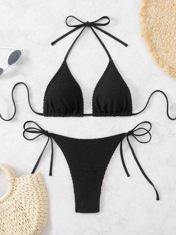 Solid Color Textured Halter Neck Bikini