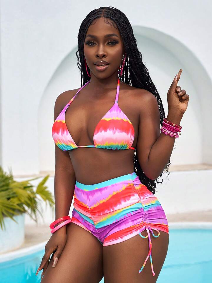 Gradient Printed Frill Two-Piece Swimwear Bikini Beach Shorts Set