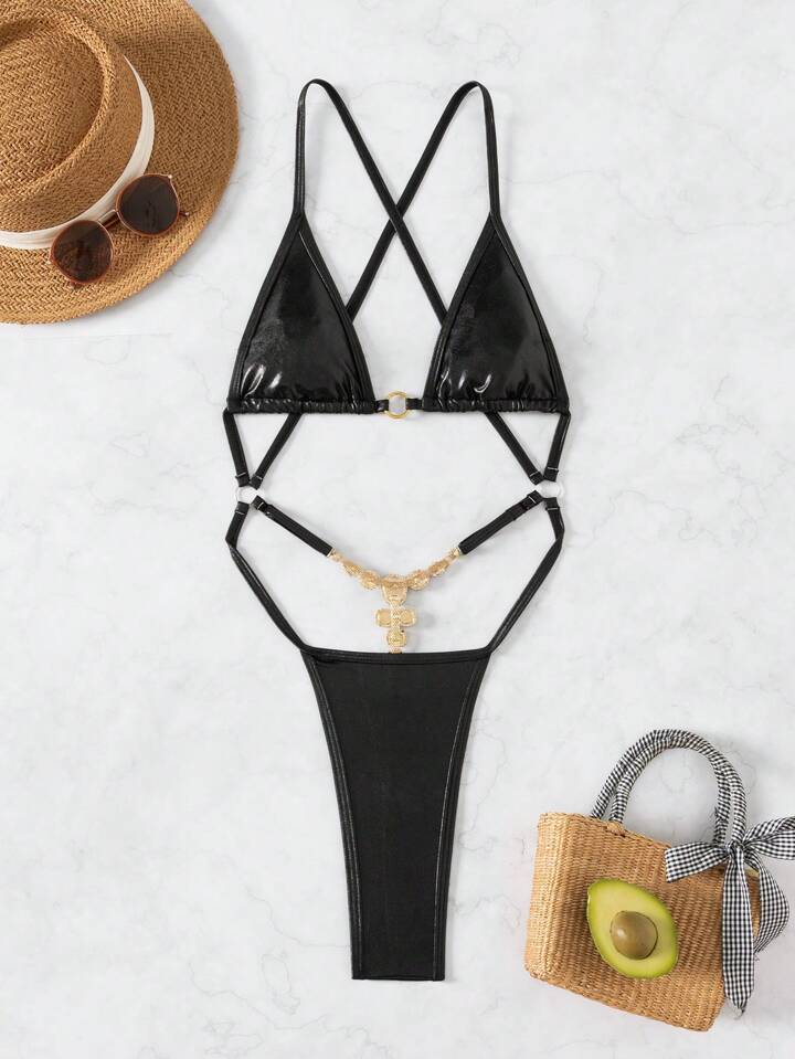 Patent Leather Front Gold Ring Decor Criss-Cross Backless Bodysuit With Rhinestone Ornament