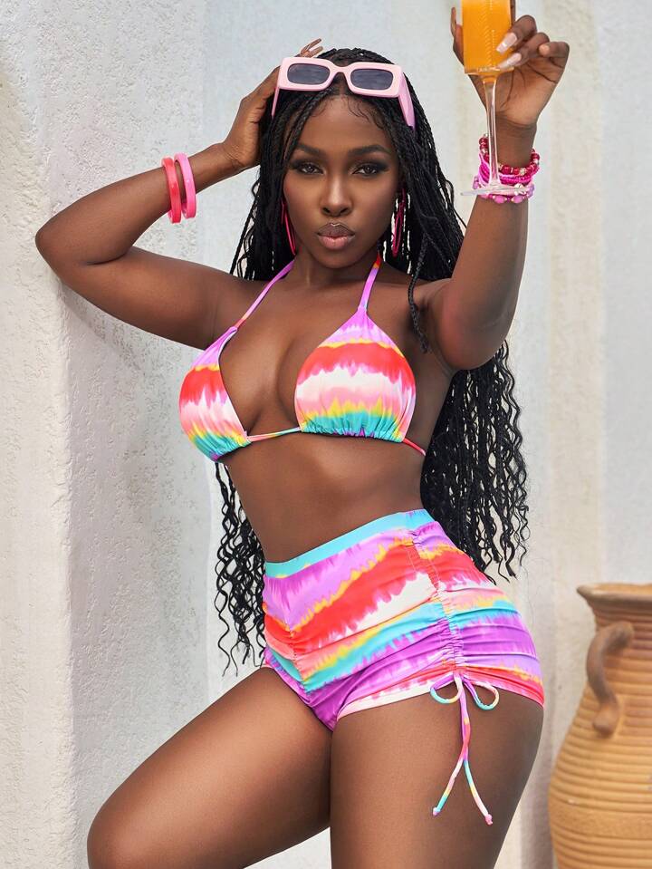 Gradient Printed Frill Two-Piece Swimwear Bikini Beach Shorts Set