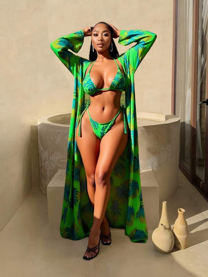 Tropical Print Bikini Set Halter Triangle Bra & Tie Side Bottom & Long Sleeve Kimono 3 Pieces Bikini