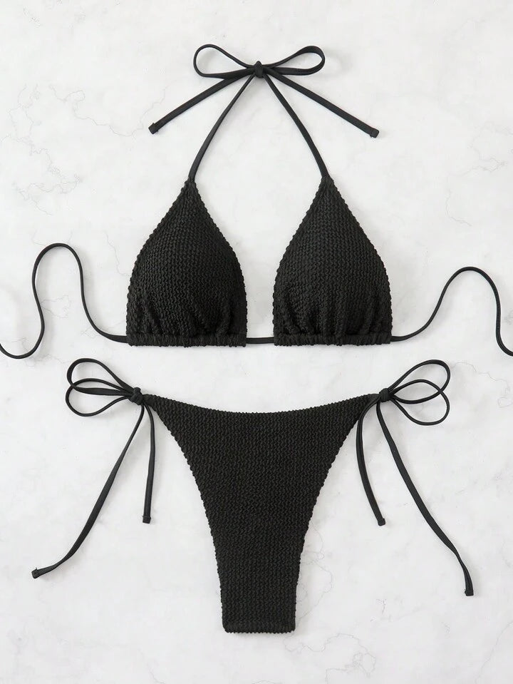 Solid Color Textured Halter Neck Bikini