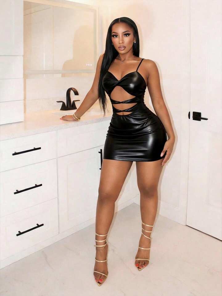 PU Leather Full-Skirted Dress