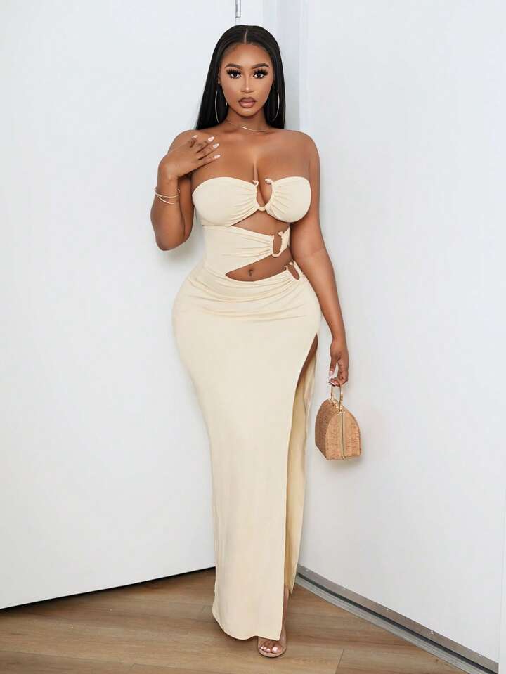 Strapless Hollow-Out Slit Dress