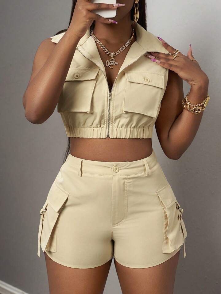Sleeveless Lapel Top With Pocket Design And Shorts