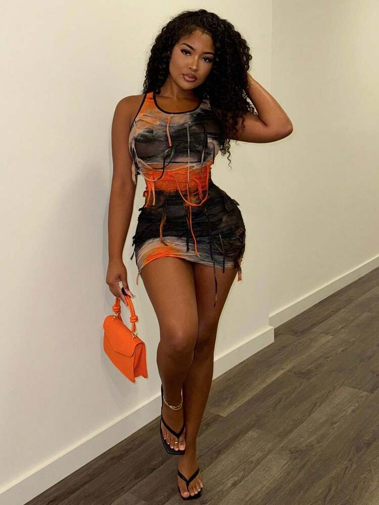 Tie-Dye Fringed Sleeveless Bodycon Mini Dress