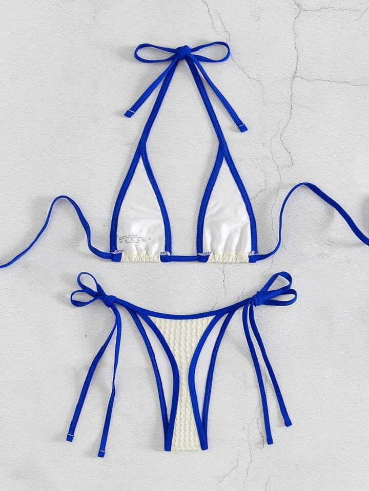 Color Blocking Halter Strap Triangle Bikini Set