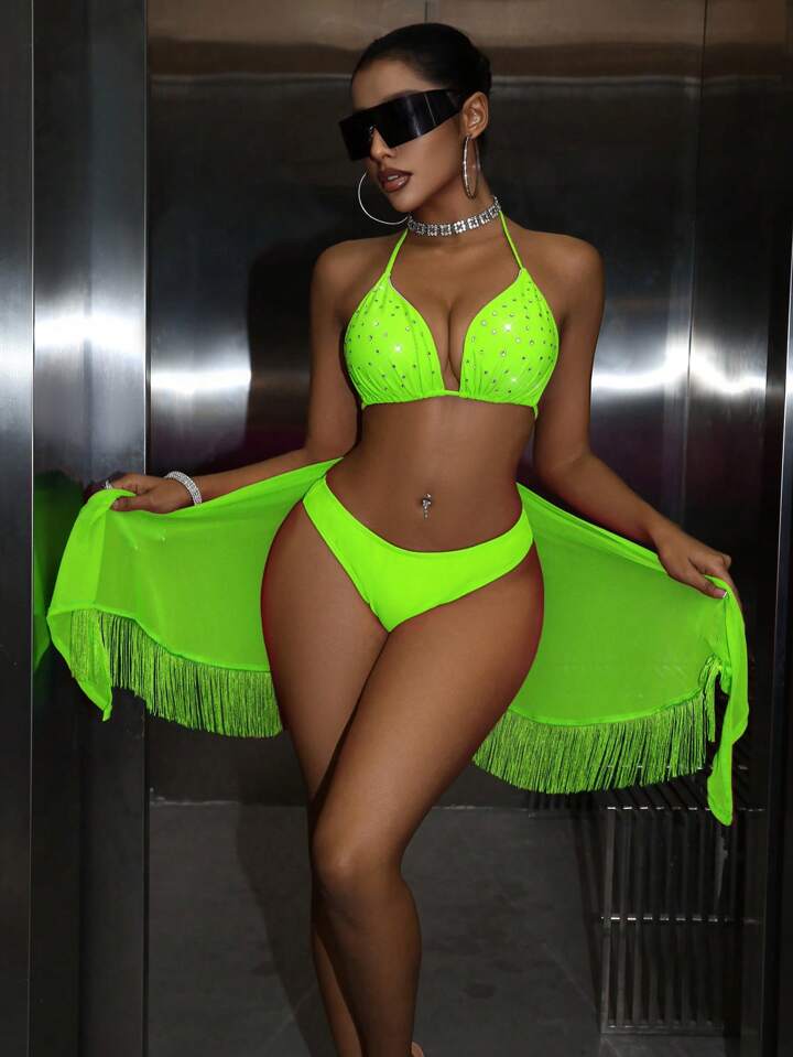 Rhinestone Decor Halter Neck Sexy Fashion Neon Bikini Set & Cover-Up Skirt