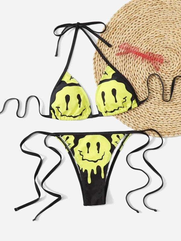 ROMWE Street Life Cartoon Face Graphic Triangle Tie Side Bikini Swimsuit