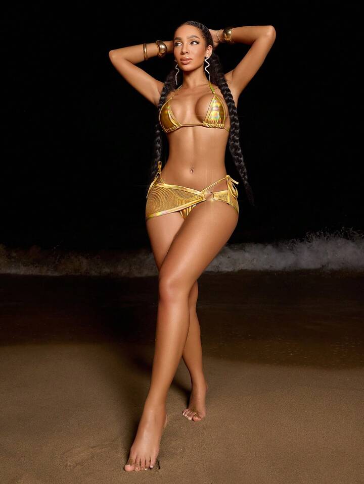 Micro Bikini Top, Side Tie Swim Shorts, Mesh Circle Beach Dress