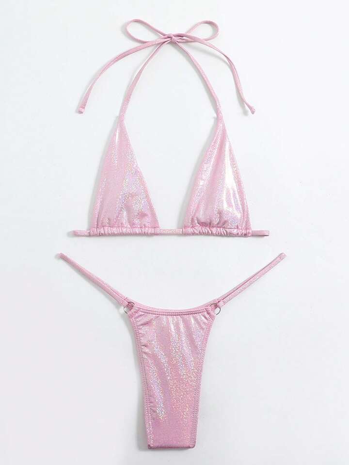 Metallic Bikini Set Micro Triangle Bra & O-Ring Linked Thong 2 Pieces Bikini