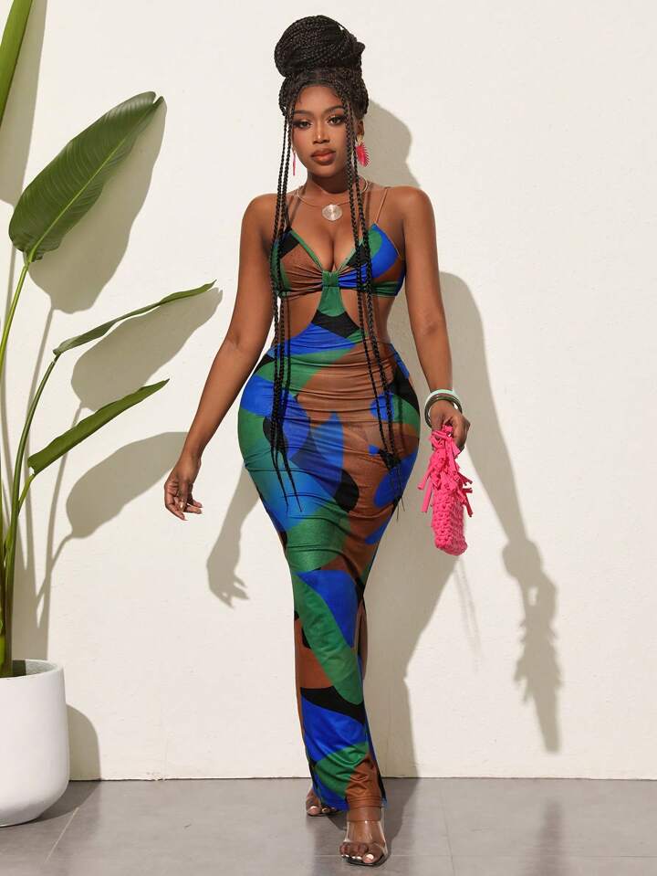 Elegant Color Block Printed Sleeveless Bodycon Dress With Hollow Out Waist And Side Slit