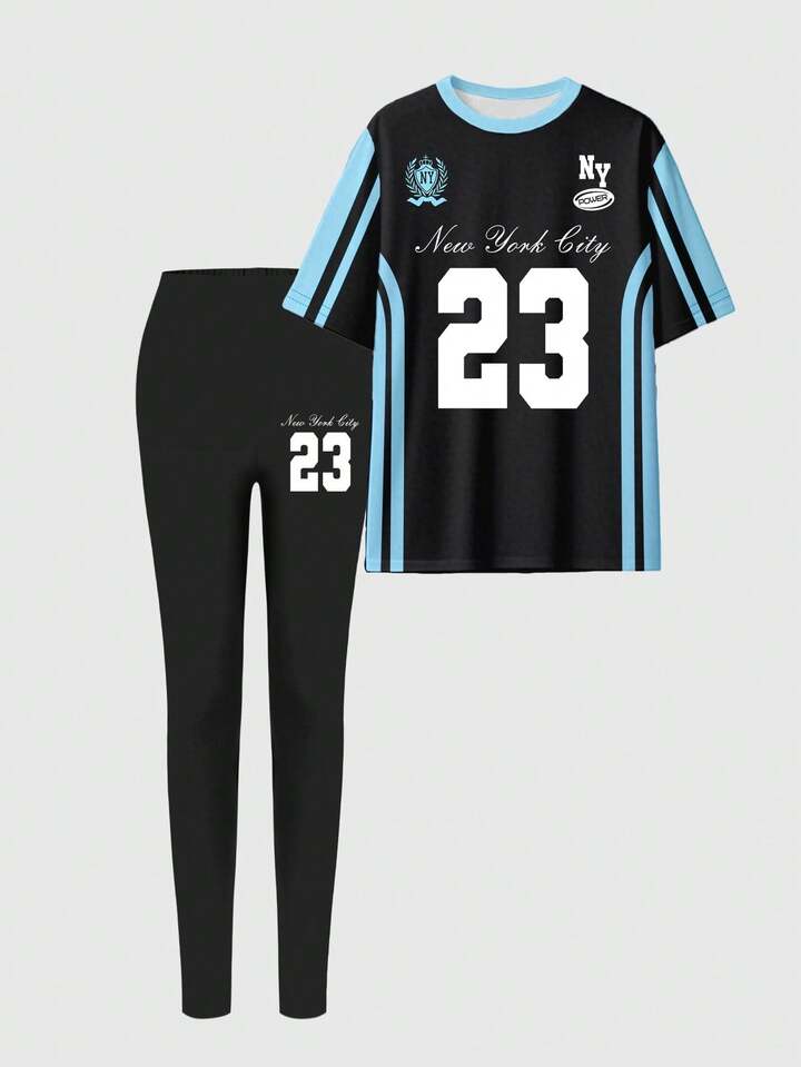 Number 23 & Slogan Graphic Print Short Sleeve Top And Skinny Leggings 2 Pieces Set