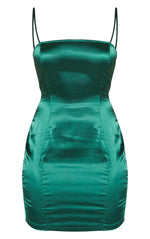 Load image into Gallery viewer, Petite Emerald Green Satin Strappy Straight Neck Bodycon Dress
