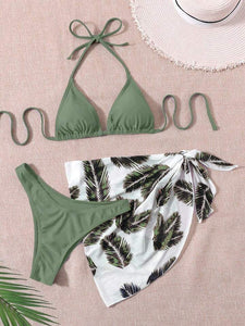 1set Halter Neck Back Tie Separated Bikini Set With Random Print, Including 3 Pieces Summer Beach