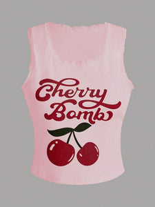 Cherry & Letter Print Tank Top Cherry Bomb, School