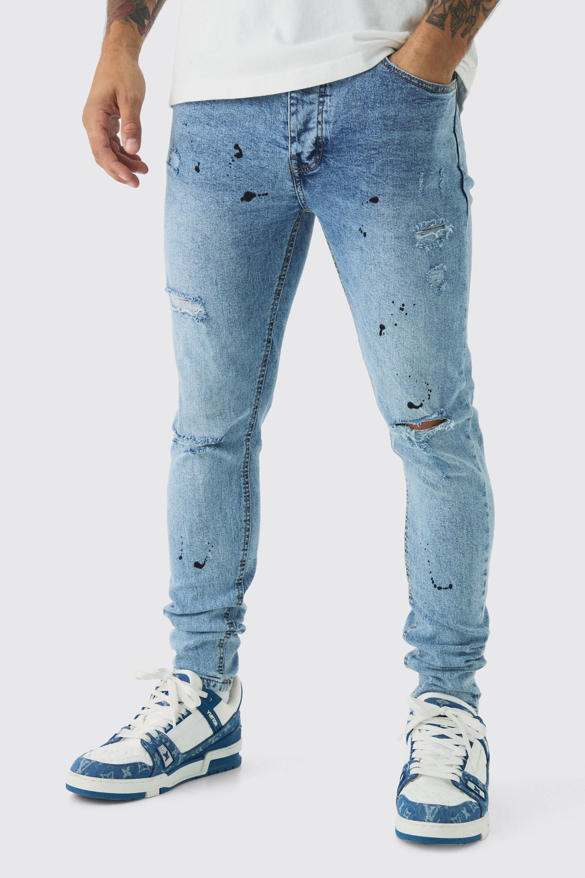 Skinny Stretch Rip & Repair Paint Splatter Jeans