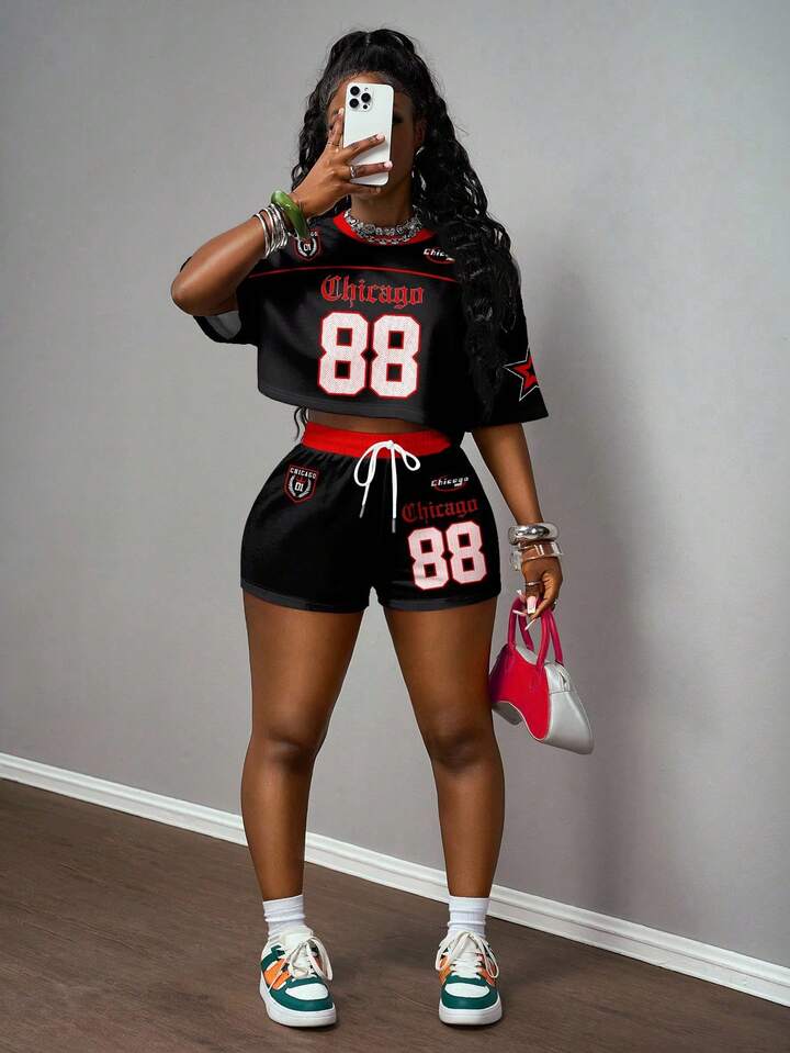 2pcs/Set Casual Sports Street Style Jersey, Black & Red Color, 88 Number, English Letter & Star Print, Round Neck Short Sleeve Cropped T-Shirt And Oversized Snowflake Fleece Shorts