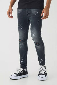 Skinny Stretch Ripped Paint Splatter Jeans