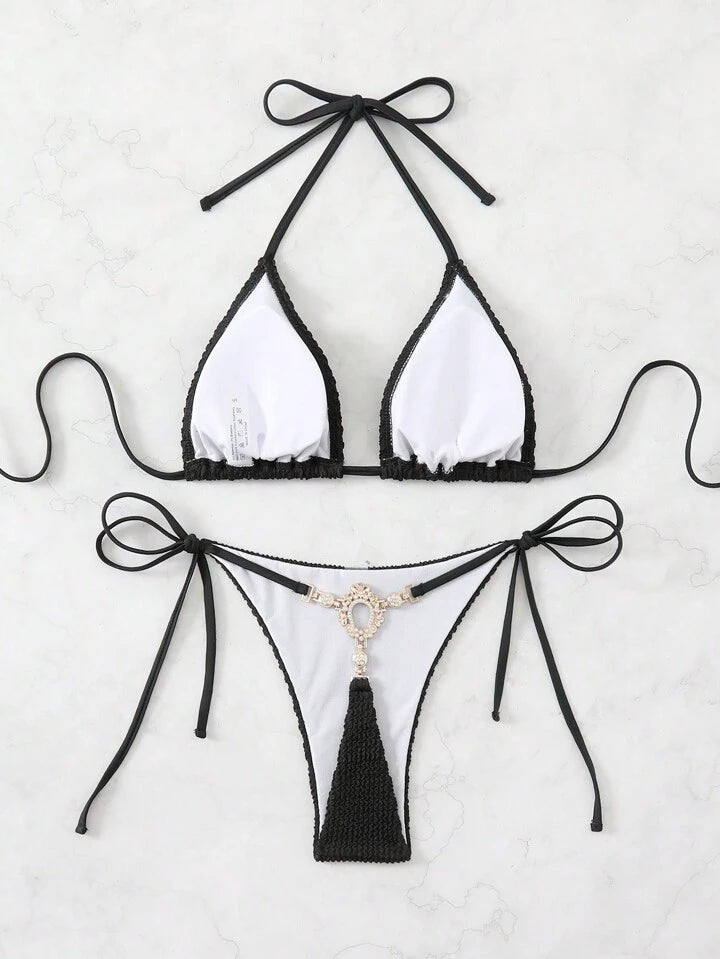 Solid Color Textured Halter Neck Bikini