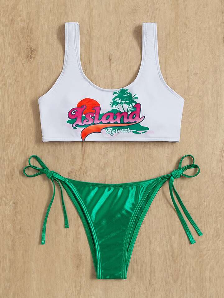 Island Letter Graphic Bikini Set Tank Top & Thong