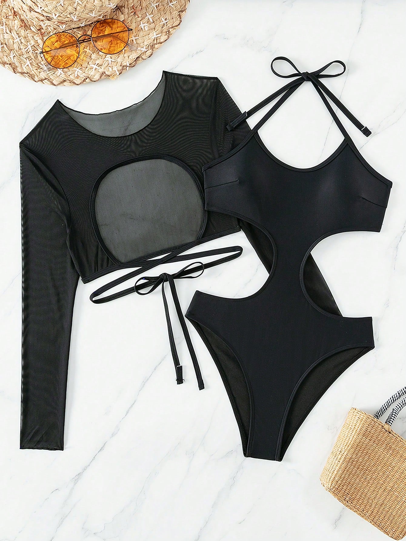 Halter-Neck Hollow Out High Waist One-Piece Swimsuit